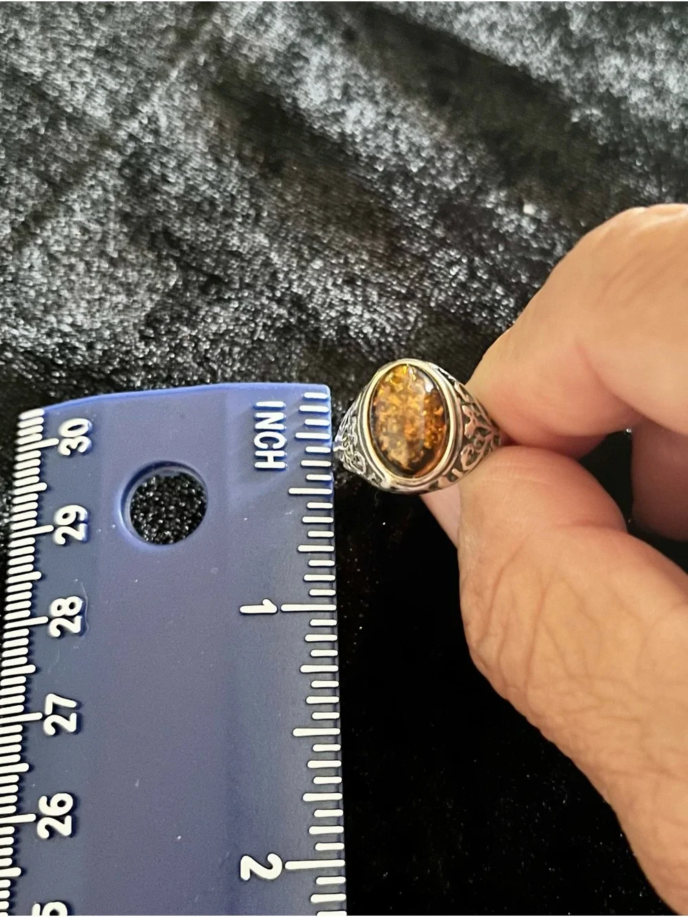 Sterling Silver Amber Ring with Intricate Design, size 7